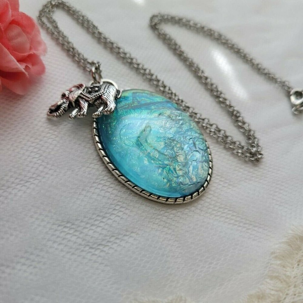 Blue Opal Elephant Aurora Borealis Cameo Necklace